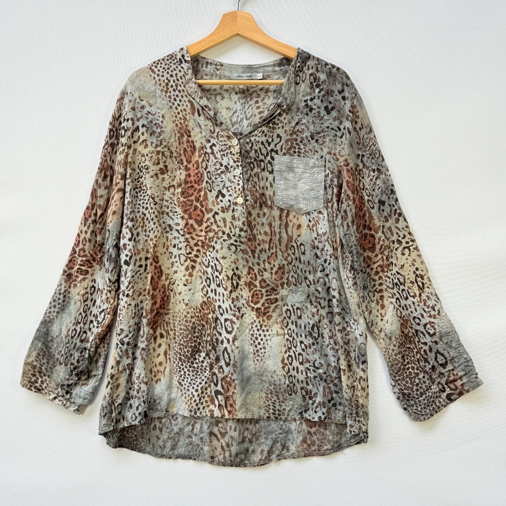 Angela Mara Large Top Blouse Animal‎ Sequin Pocket Long Sleeve Artsy Avant Garde